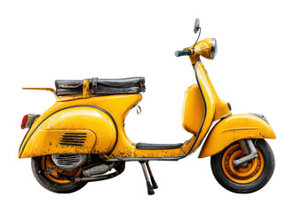 Vintage yellow scooter parked on street urban side view isolated on transparent background
