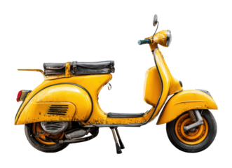Vintage yellow scooter parked on street urban side view isolated on transparent background