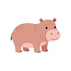 Cute cartoon illustration of a friendly brown hippopotamus standing on a white background with a happy expression
