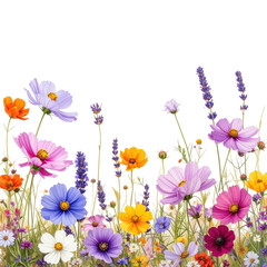 A vibrant watercolor floral border with a mix of colorful cosmos and lavender against black