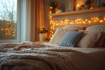 Bed with blanket and pillows in front of window.