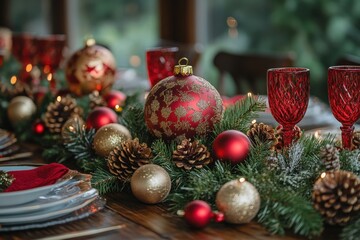 Red and gold ornaments on Christmas table.