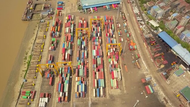  Futuristic aerial view panorama of developing Yangon city , Aerial view of Sule pagoda in downtown, Yangon, Myanmar. Sule Pagoda located in the heart of Yangon, Karaweik royal barge, Kandawgyi Lake, 