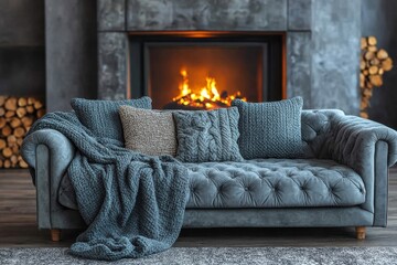 Blue couch with pillows and blankets in front of a fireplace
