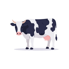 A black and white holstein friesian cow standing calmly in a field with pink udder and gentle expression on white background