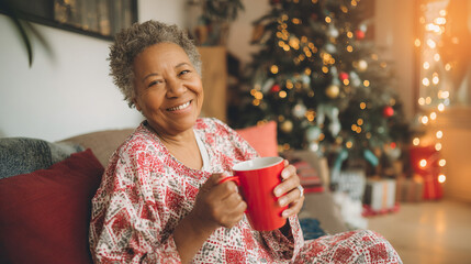 Cheerful senior black woman relaxing on a sofa with a cup of hot chocolate, radiating joy, warmth, and holiday Christmas spirit
