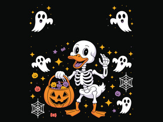 Halloween Skeleton Duck with Pumpkin Candy Bucket and Ghosts