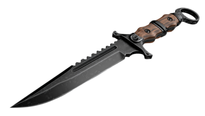 Hunting knife with a brown handle isolated on transparent background, sharp and dangerous