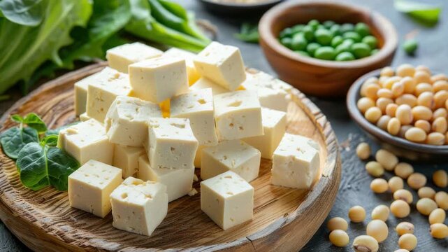 A variety of tofu cubes and sides in bowls on a wooden tray.