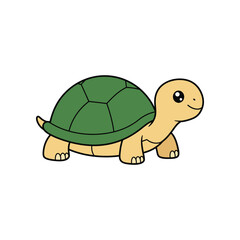 Adorable cartoon illustration of a friendly green shelled tortoise with a happy smile and cute big eyes on a white background