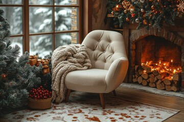 Christmas tree by a fireplace, chair draped with a blanket.