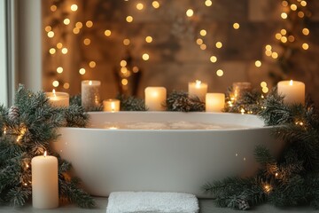Bathtub adorned with candles and Christmas lights.