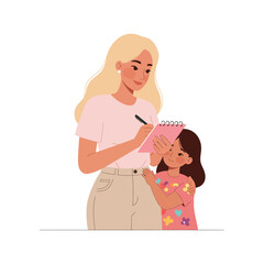 Caring mother writing notes on a pink notepad while her young daughter looks on with a sweet expression