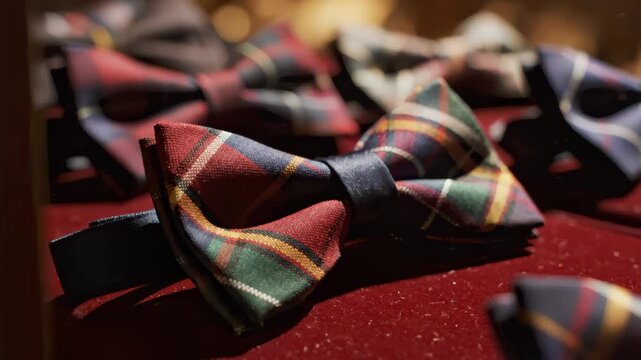 Close-Up of Plaid Bow Ties Displayed on a Red Surface