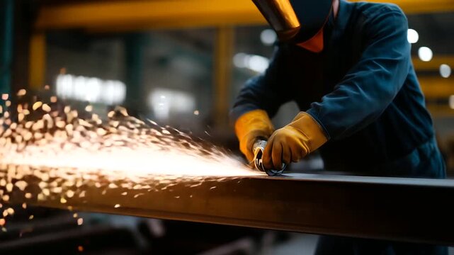 Industrial worker grinding metal with sparks flying in factory workshop industrial worker grinding, metal sparks flying, factory workshop scene, heavy industry 