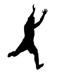 Black silhouette of a finishing runner, shown in three-quarter view with hands raised above head