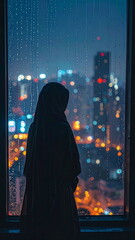 Silhouette Hijab Woman Looking Out Rainy Window at Night City Lights