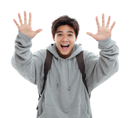 Excited youth celebrating with open hands portrait fun joy isolated on transparent background