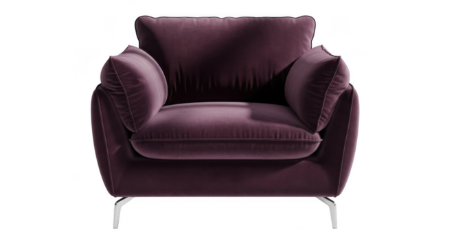Luxurious deep plum velvet armchair with sleek chrome legs for modern living spaces