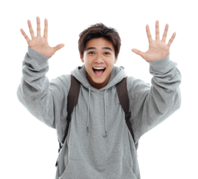 Excited youth celebrating with open hands portrait fun joy isolated on transparent background
