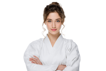 Female martial artist in white uniform with arms crossed isolated on transparent png background