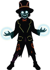 Spooky cartoon character with glowing blue eyes, top hat, magical energy hands, dark fantasy illustration, eerie Halloween artwork, supernatural digital design