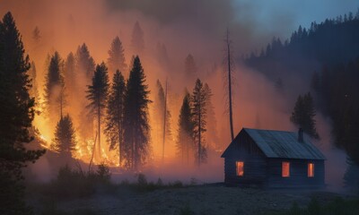 Forest fire engulfs woods; cabin silhouette