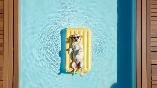 Dog Relaxing on Inflatable Pool Float in Crystal Clear Blue Water
