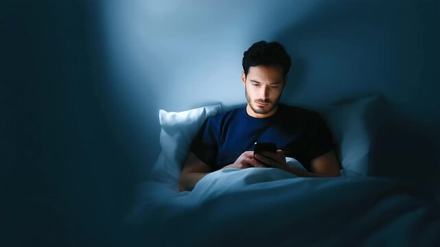Man lying in bed at night looking at smartphone, insomnia and social media addiction concept man lying bed night smartphone, insomnia problem, late night scrolling 