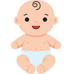 Adorable happy baby with curly hair wearing a diaper sitting and smiling with a cheerful expression on a white background