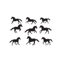 Collection of nine dynamic black horse silhouettes in various galloping and running poses on a white background