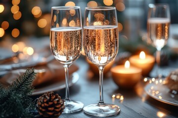 glasses of champagne with Christmas lights in background.