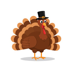 A cartoon illustration of a friendly thanksgiving turkey wearing a black pilgrim hat and standing with its feathers fanned out on a white background
