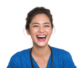 Joyful nurse smiling in scrubs medical facility portrait isolated on transparent background