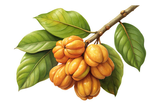 Garcinia gummigutta botanical illustration with ripe fruits and green leaves, high resolution