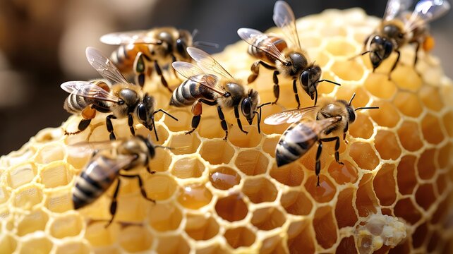 A Group of Bees Working Together On Their Honeycomb Structure
