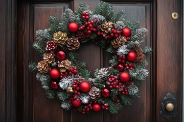 Christmas wreath adorning door.