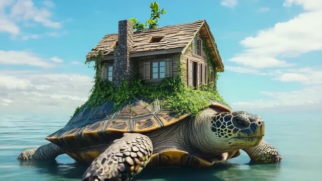 Unique turtle carrying a small house on its back surrounded by misty water on a calm day