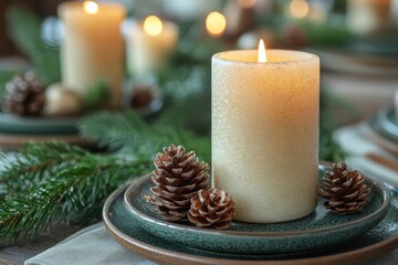 Candle on plate surrounded by pine cones.