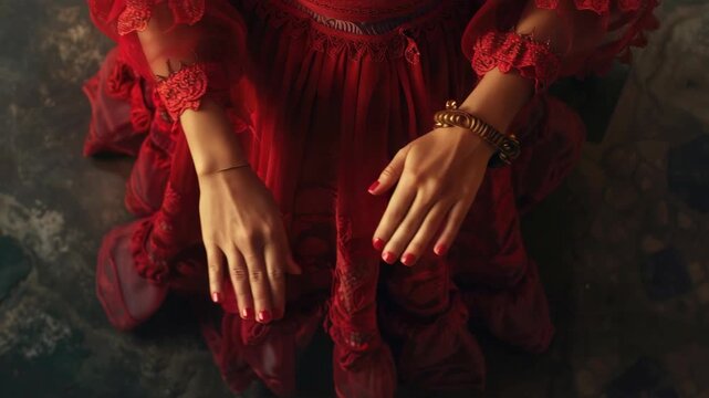 Stylish woman sitting on the ground wearing a dress with ruffled red material. Her attire includes a bodice with gold trim and her hair is adorned with flowers.