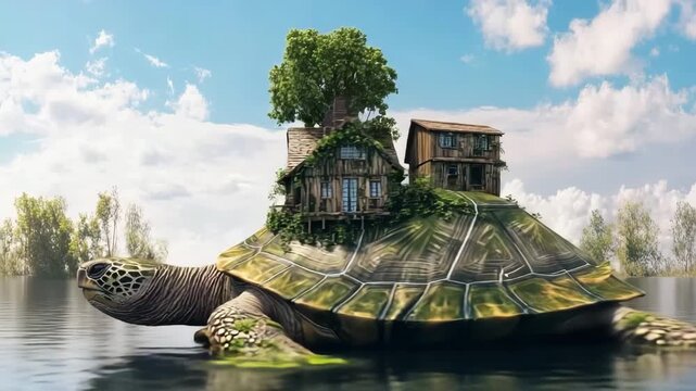 Unique turtle carrying a small house on its back surrounded by misty water on a calm day