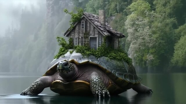 Unique turtle carrying a small house on its back surrounded by misty water on a calm day