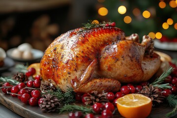 Turkey on platt with cranberries and oranges.