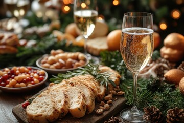 Glass of champagne and plate of food on a table.
