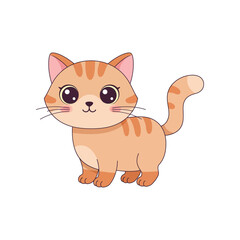 Adorable cartoon ginger tabby kitten with big innocent eyes and striped tail standing playfully on a white background