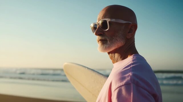 Elderly Man Wearing Sunglasses with Surfboard on the Beach During Golden Hour
