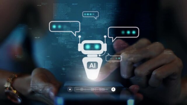 Chat Bot Chat with AI or Artificial Intelligence technology. Woman using phone chatting with an intelligent artificial intelligence asks for the answers he wants. ChatGPT - Powered by Adobe