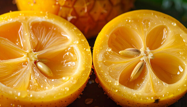 fresh mangaba fruit slices macro detail in tropical soft daylight
