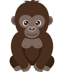 Adorable cartoon baby gorilla sitting with large expressive eyes and a friendly smile on a white background