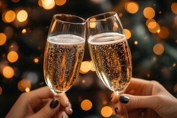 people toast champagne glasses under sparkling lights.
